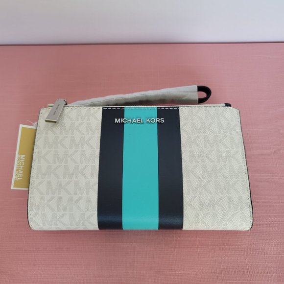 MICHAEL KORS Jet Set Double Zip Signature Phone Wristlet-Ocean Blue Mult 🎈$108⭐ - Picture 5 of 16